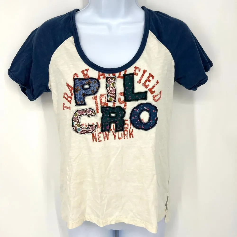Anthropologie Pilcro Varsity Tee Cotton Short Sleeves with Applique Logo Size XS